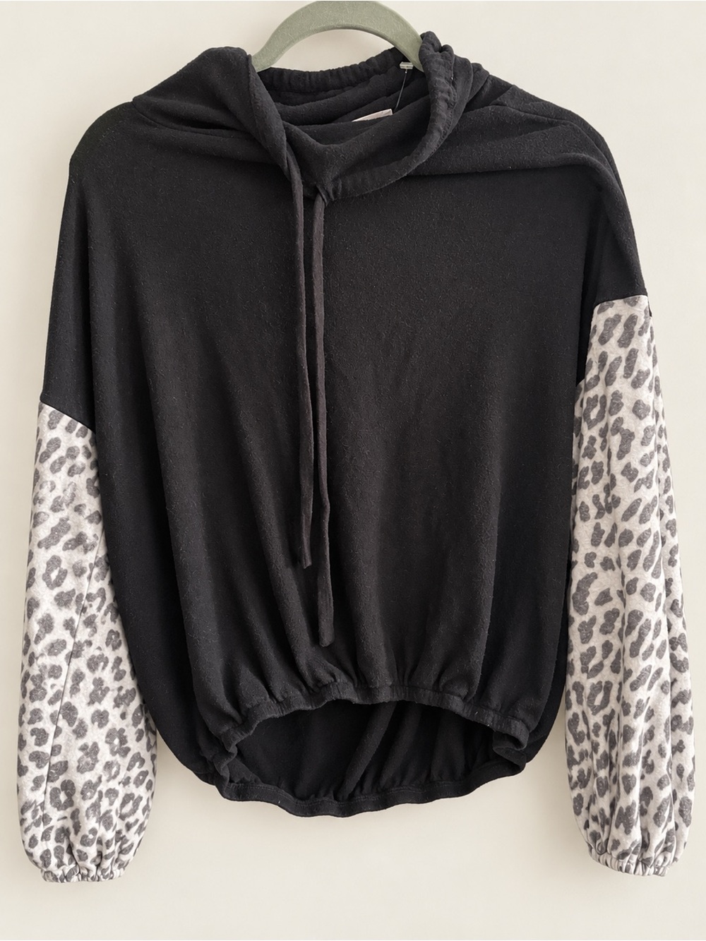 Made with Love Black Leopard Sleeve Drawstring Pullover M/L
